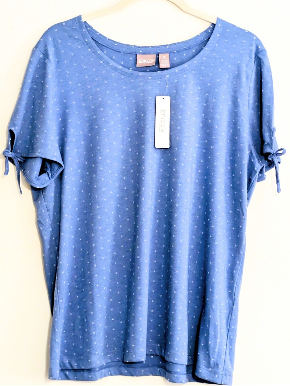 Chico's NWT Dusty Indigo Blue Dot Print Tie Sleeve Top Size 2 (12–14)